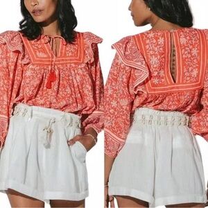 Anthropologie Cleobella 3/4 Sleeve Floral Print Mylah Blouse Medium Red